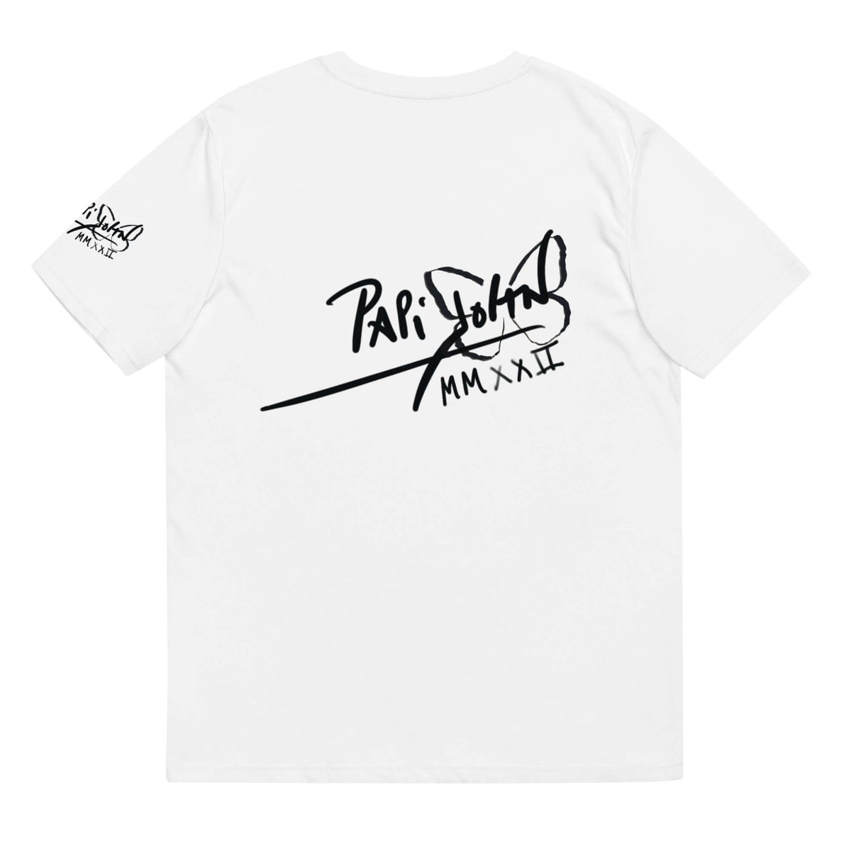 Back view showing the clean organic cotton t-shirt silhouette and signature PapiJohn® icon placement on the back of the SALA 7 | Pisando Fuerte Eco-Fashion Piece by $arah Free 💎. Conscious luxury apparel and conceptual wearable art curated in Cadifornia.