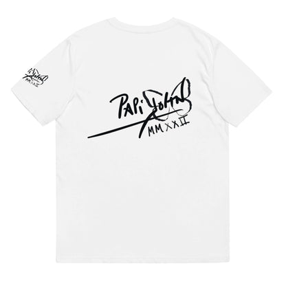 Back view showing the clean organic cotton t-shirt silhouette and signature PapiJohn® icon placement on the back of the SALA 7 | Pisando Fuerte Eco-Fashion Piece by $arah Free 💎. Conscious luxury apparel and conceptual wearable art curated in Cadifornia.