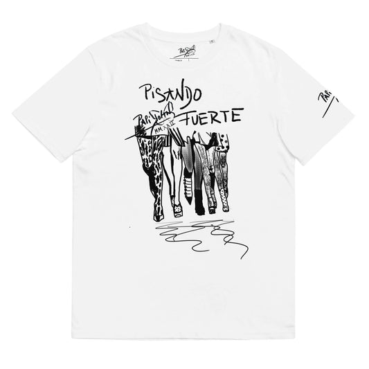 Front view of the SALA 7 | Pisando Fuerte | Eco-Fashion Piece Tee in white by PapiJohn®. Featuring a rhythmically drawn illustration of five rows of walking legs inspired by 90s empowerment on heavy organic white canvas by $arah Free 💎. High-end conscious luxury streetwear de autor curated in Cadifornia.