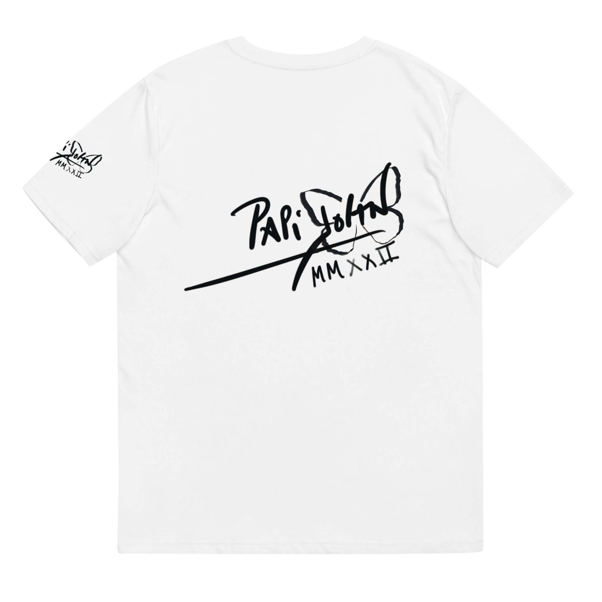 Back view showing the clean organic cotton t-shirt silhouette and signature PapiJohn® icon placement on the back of the SALA 7 | Rockstar Electric Eco-Pop Piece by $arah Free 💎. Conscious luxury apparel and wearable art curated in Cadifornia.