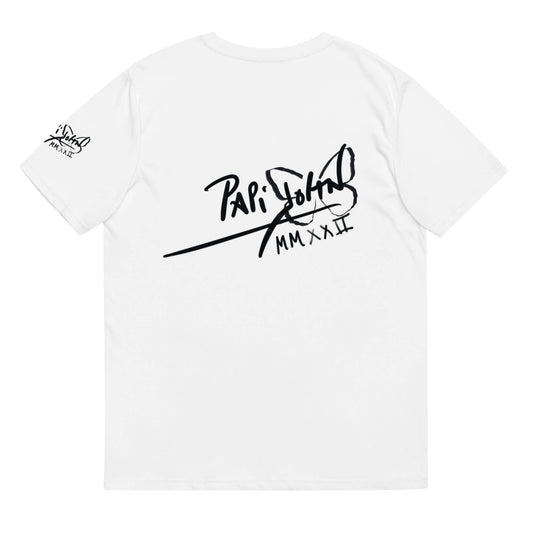 Back view showing the clean organic cotton t-shirt silhouette and signature PapiJohn® icon placement on the back of the SALA 7 | Rockstar Electric Eco-Pop Piece by $arah Free 💎. Conscious luxury apparel and wearable art curated in Cadifornia.