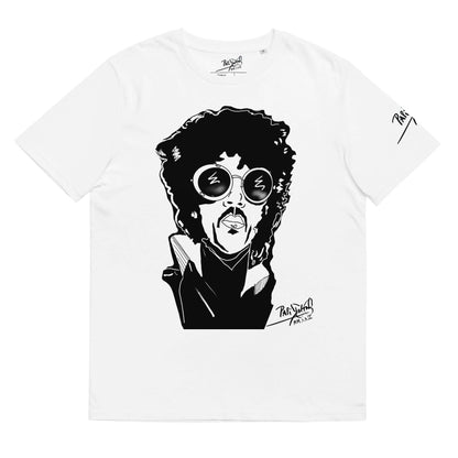 Front view of the SALA 7 | Rockstar Electric | Eco-Pop Piece Tee in white by PapiJohn®. Featuring comic and artpop-inspired rockstar portrait artwork on heavy organic white canvas by $arah Free 💎. High-end conscious luxury streetwear de autor curated in Cadifornia.