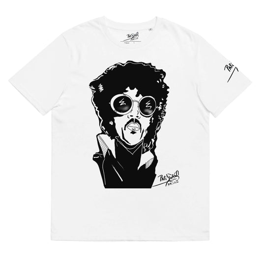 Front view of the SALA 7 | Rockstar Electric | Eco-Pop Piece Tee in white by PapiJohn®. Featuring comic and artpop-inspired rockstar portrait artwork on heavy organic white canvas by $arah Free 💎. High-end conscious luxury streetwear de autor curated in Cadifornia.