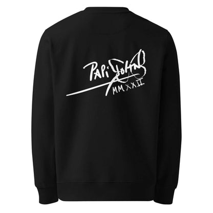 Back view showing the structured eco canvas crewneck silhouette and clean drape of the SALA 7 | The Noche Mala | Eco-Graff Canvas by PapiJohn®. Gallery archive piece, honest luxury eco apparel, and conceptual wearable art curated in Cadifornia by $arah Free 💎.