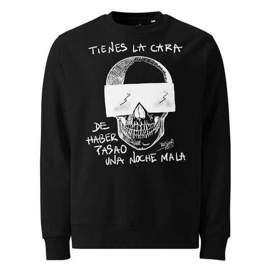 Front view of the SALA 7 | The Noche Mala | Eco-Graff Canvas Crew in black by PapiJohn®. Featuring an analog white graffiti skull sketch on heavy black eco-friendly canvas by $arah Free 💎. High-end conscious luxury streetwear de autor curated in Cadifornia.