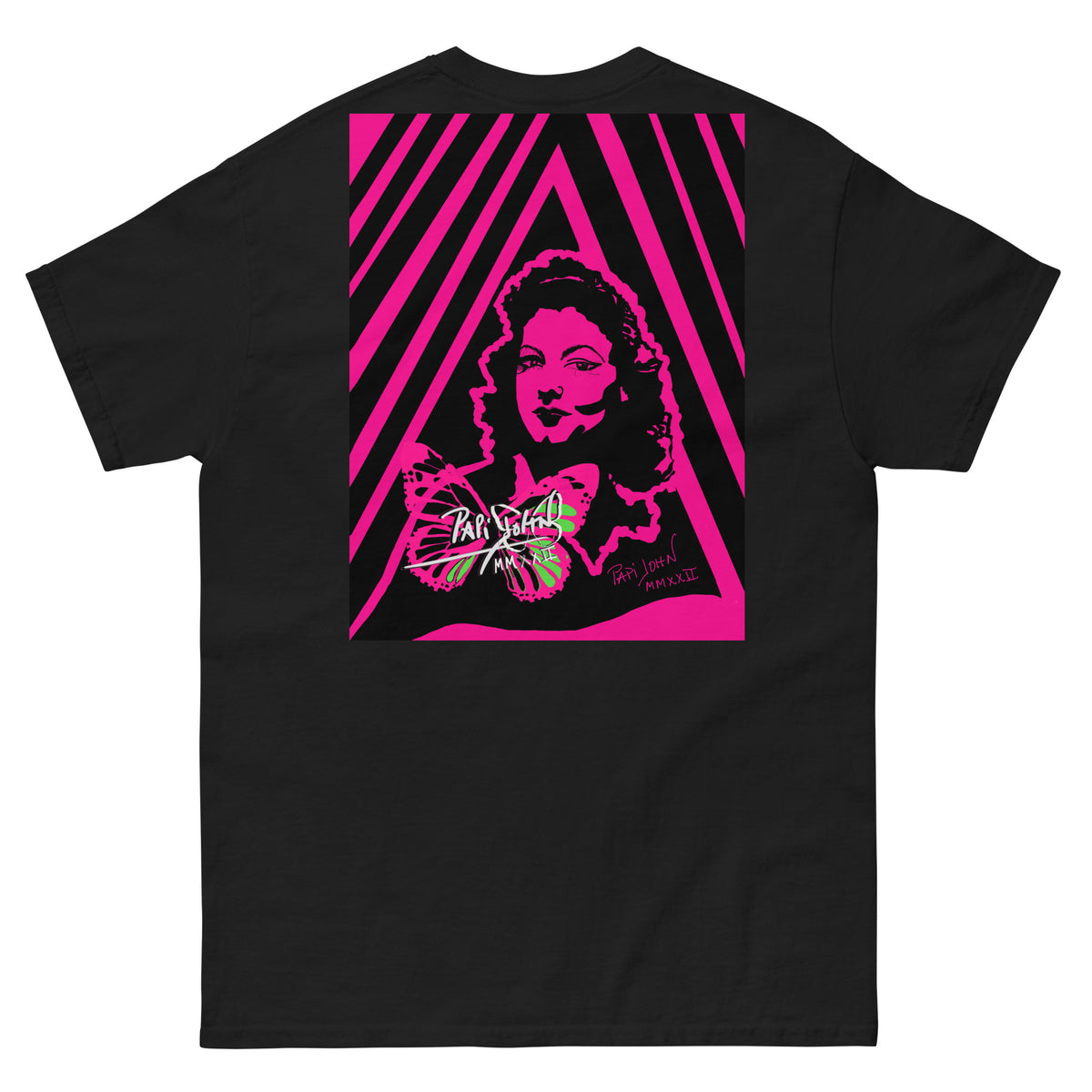Back view of SALA 8 | Ava ArtPop | The Cinema Diva on Black Canvas by PapiJohn®. Graphic contrast artwork featuring the iconic butterfly and pop art cinema portrait by $arah Free 💎 artist-driven. Rebel luxury, high-end streetwear, and honest luxury fashion brand ideado en Cadifornia.