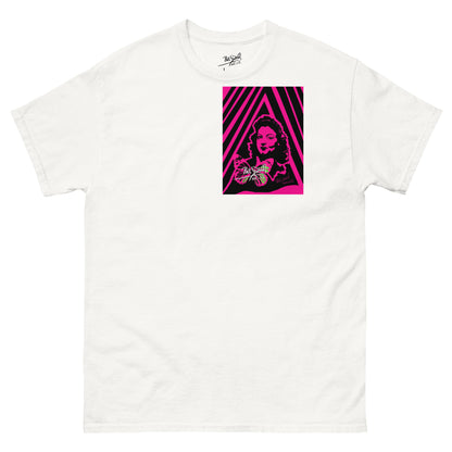 Front view of the white canvas piece SALA 8 | Ava ArtPop | The Cinema Diva Canvas by PapiJohn®. Pop art portrait artwork framed in electric fuchsia featuring cinema diva aesthetics and the signature butterfly motif by $arah Free 💎 artist-driven. Wearable art, conscious art apparel, and artist-driven brand.