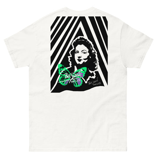 Back view of the white canvas T-shirt SALA 8 | Ava PopArt | Cinema Diva Piece by PapiJohn®. Full back graphic artwork featuring Ava Gardner portrait in contrast with signature neon green butterfly design by $arah Free 💎 artist-driven. Rebel luxury and honest luxury fashion brand ideado en Cadifornia.