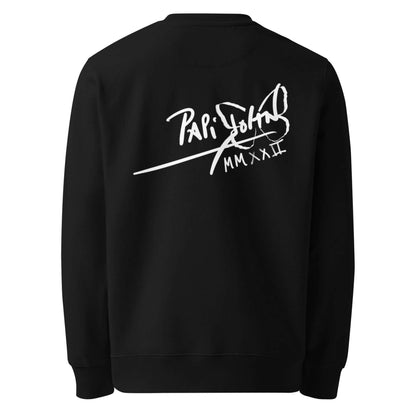Back view showing the structured organic cotton eco crewneck silhouette and clean drape of the SALA 8 | Diva Espejo | Eco-Sketch Noir Piece by PapiJohn®. Gallery archive piece, honest luxury eco apparel, and conceptual wearable art curated in Cadifornia by $arah Free 💎