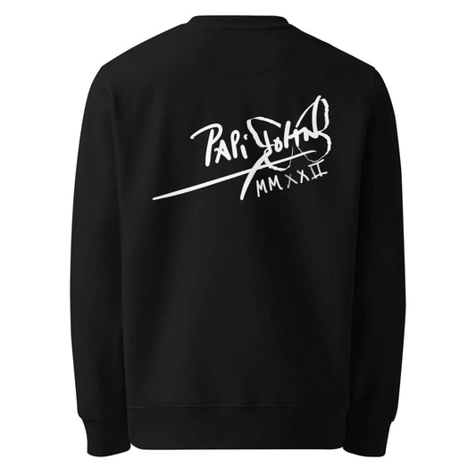 Back view showing the structured organic cotton eco crewneck silhouette and clean drape of the SALA 8 | Diva Espejo | Eco-Sketch Noir Piece by PapiJohn®. Gallery archive piece, honest luxury eco apparel, and conceptual wearable art curated in Cadifornia by $arah Free 💎