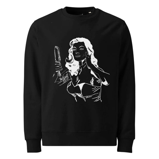Front view of the SALA 8 | Diva Espejo | Eco-Sketch Noir Piece Crew in black by PapiJohn®. Featuring a white line art sketch of a Dolce Vita diva at a mirror on heavy eco-friendly black canvas by $arah Free 💎. High-end conscious luxury streetwear de autor curated in Cadifornia.