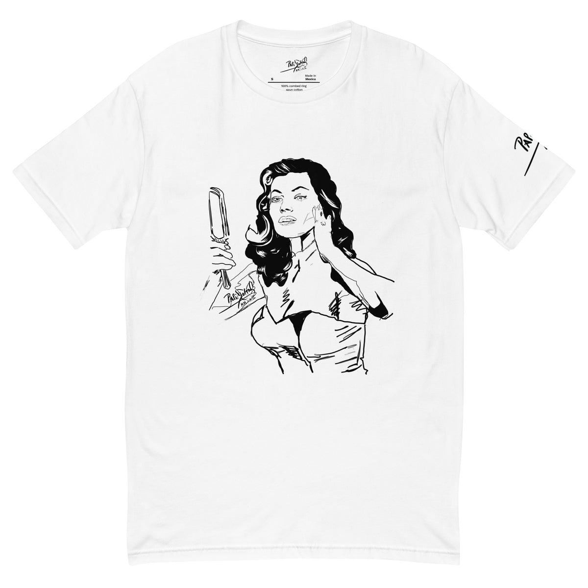 PapiJohn® 🏛️ Sala 8 | Diva Espejo | Pop-Graff Piece — Front view of the White Canvas Tee. Featuring a pilot-ink comic vibe artwork by $arah Free 💎 of a diva looking into a hand mirror. A high-contrast minimalist statement of feminine power, self-seduction, and honest luxury streetwear curated in Cadifornia.
