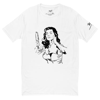 PapiJohn® 🏛️ Sala 8 | Diva Espejo | Pop-Graff Piece — Front view of the White Canvas Tee. Featuring a pilot-ink comic vibe artwork by $arah Free 💎 of a diva looking into a hand mirror. A high-contrast minimalist statement of feminine power, self-seduction, and honest luxury streetwear curated in Cadifornia.