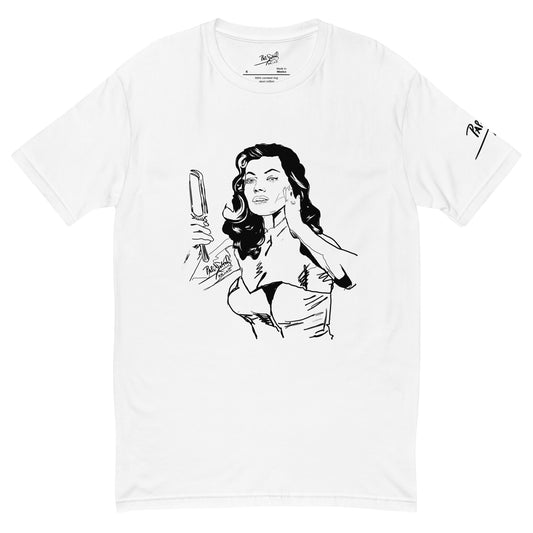 PapiJohn® 🏛️ Sala 8 | Diva Espejo | Pop-Graff Piece — Front view of the White Canvas Tee. Featuring a pilot-ink comic vibe artwork by $arah Free 💎 of a diva looking into a hand mirror. A high-contrast minimalist statement of feminine power, self-seduction, and honest luxury streetwear curated in Cadifornia.