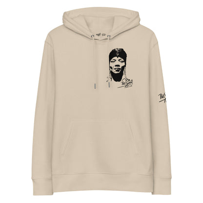 Front view of the desert dust luxury streetwear hoodie SALA 8 | The Africa Diva | The Limited Archive by PapiJohn®. Introspective chiaroscuro portrait artwork by $arah Free 💎 artist-driven luxury streetwear. Premium Street-Couture for global collectors | Papijohn® Archive