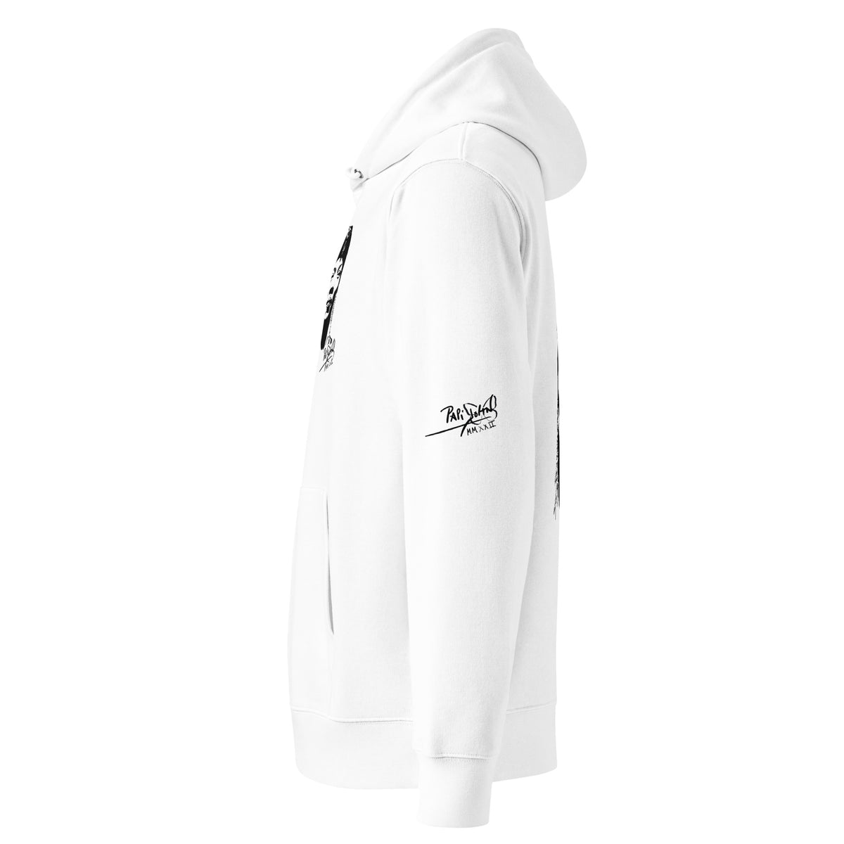 Close-up detail view of the left sleeve on the white hoodie SALA 8 | The Africa Diva | The Limited Archive by PapiJohn®. Features the iconic PapiJohn® icon signature placement by $arah Free 💎 artist uniform streetwear.premium structural drape and heavy-weight textile craftsmanship | High-End Streetwear | Papijohn ® Archive