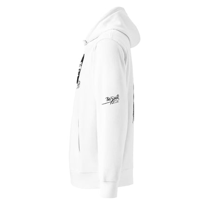 Close-up detail view of the left sleeve on the white hoodie SALA 8 | The Africa Diva | The Limited Archive by PapiJohn®. Features the iconic PapiJohn® icon signature placement by $arah Free 💎 artist uniform streetwear.premium structural drape and heavy-weight textile craftsmanship | High-End Streetwear | Papijohn ® Archive