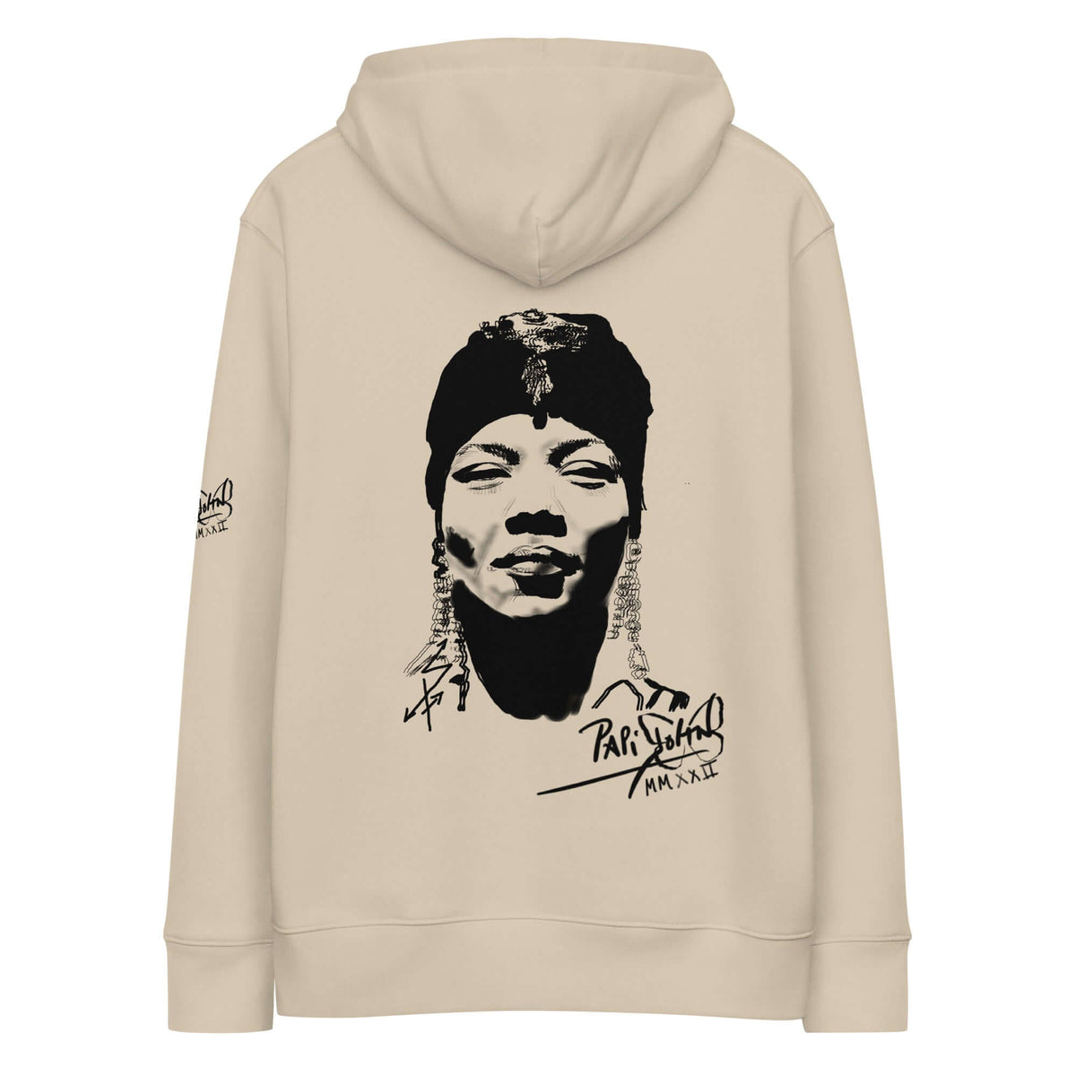 The Africa Diva The Limited Archive $arah Free desert dusk hoodie, back view featuring the introspective minimal chiaroscuro portrait artwork and 350 gsm heavy-weight texture | High-End design for NY LA | Papijohn Archive SALA 8 | The Africa Diva | The Limited Archive by PapiJohn®. Clean back drape, rebel luxury, and honest luxury fashion brand by $arah Free 💎 ideado en Cadifornia.