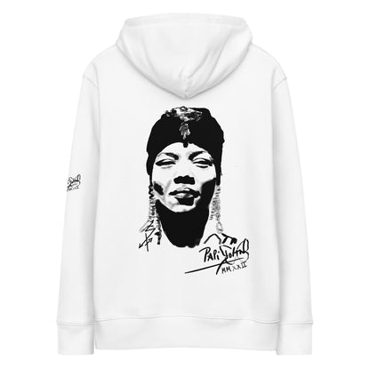 The Africa Diva The Limited Archive $arah Free white hoodie, back view showcasing the refined Africa Diva minimal portrait and luxury artistic details | High-End design| Papijohn Archive SALA 8 | The Africa Diva | The Limited Archive by PapiJohn®. Minimalist white canvas back drape, rebel luxury by $arah Free 💎.