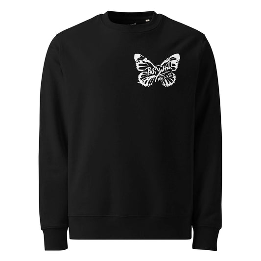 Front view of the SALA 9 | Butterfly Signature | Premium Eco Canvas Crew in black by PapiJohn®. Featuring the iconic white butterfly signature artwork on heavy eco-friendly black canvas by $arah Free 💎. High-end luxury streetwear de autor curated in Cadifornia.