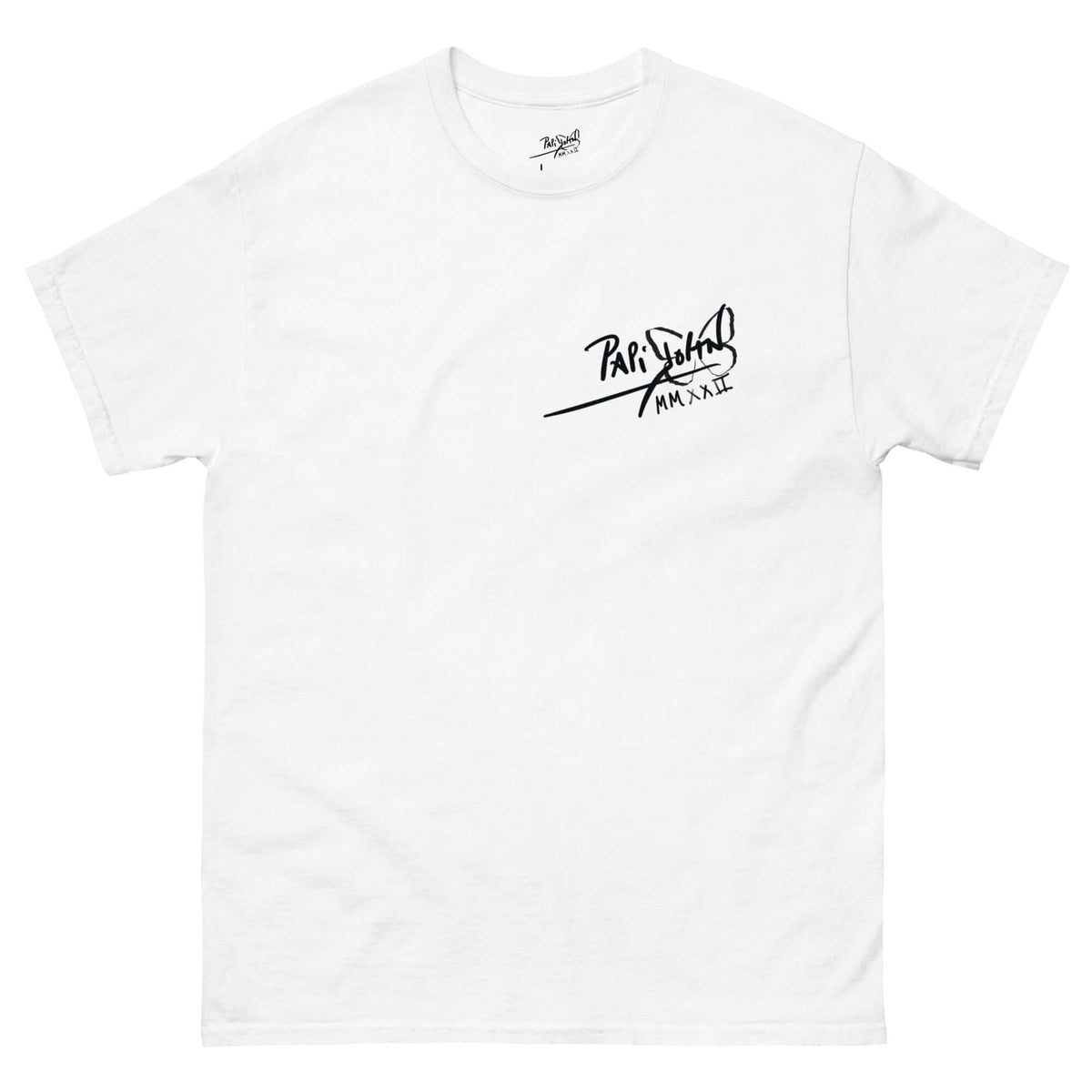 PapiJohn® 🏛️ Sala 9 | Classic Signature | Studio White Piece — Front view of the White Canvas Tee. Featuring the iconic charcoal black PapiJohn® classic signature heraldry graphic on studio white organic cotton canvas by $arah Free 💎. High-end conscious luxury streetwear de autor curated in Cadifornia.