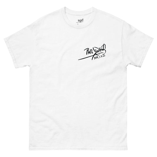 PapiJohn® 🏛️ Sala 9 | Classic Signature | Studio White Piece — Front view of the White Canvas Tee. Featuring the iconic charcoal black PapiJohn® classic signature heraldry graphic on studio white organic cotton canvas by $arah Free 💎. High-end conscious luxury streetwear de autor curated in Cadifornia.