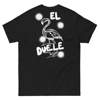 PapiJohn® 🏛️ Sala 9 | El Flamenco Duele | Black-Graff Canvas — Back view showing full-size raw white graffiti statement artwork 'El Flamenco Duele' and structured drape of the Black Canvas Tee by $arah Free 💎. Gallery archive piece, honest luxury apparel, and wearable art curated in Cadifornia.