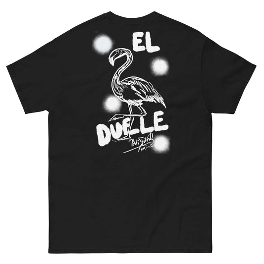 PapiJohn® 🏛️ Sala 9 | El Flamenco Duele | Black-Graff Canvas — Back view showing full-size raw white graffiti statement artwork 'El Flamenco Duele' and structured drape of the Black Canvas Tee by $arah Free 💎. Gallery archive piece, honest luxury apparel, and wearable art curated in Cadifornia.