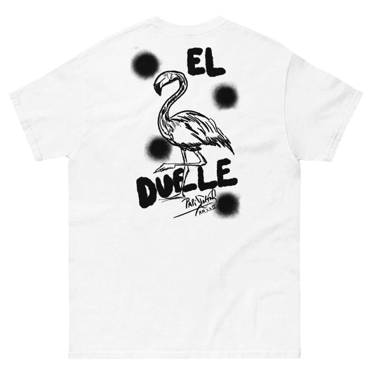 PapiJohn® 🏛️ SALA 9 | EL FLAMENCO DUELE | BLACK-GRAFF CANVAS — Back view showing full-size raw black graffiti statement artwork 'El Flamenco Duele' and structured drape of the White Canvas Tee by $arah Free 💎. Gallery archive piece, honest luxury apparel, and wearable art curated in Cadifornia.