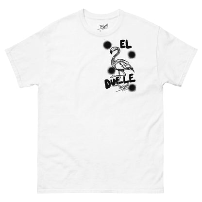 PapiJohn® 🏛️ SALA 9 | EL FLAMENCO DUELE | BLACK-GRAFF CANVAS —PAPIJOHN® ARCHIVE Front view of the White Canvas Tee. Featuring raw black graffiti 'El Flamenco Duele' left chest graphic on heavy white cotton canvas by $arah Free 💎. High-end luxury streetwear de autor curated in Cadifornia.
