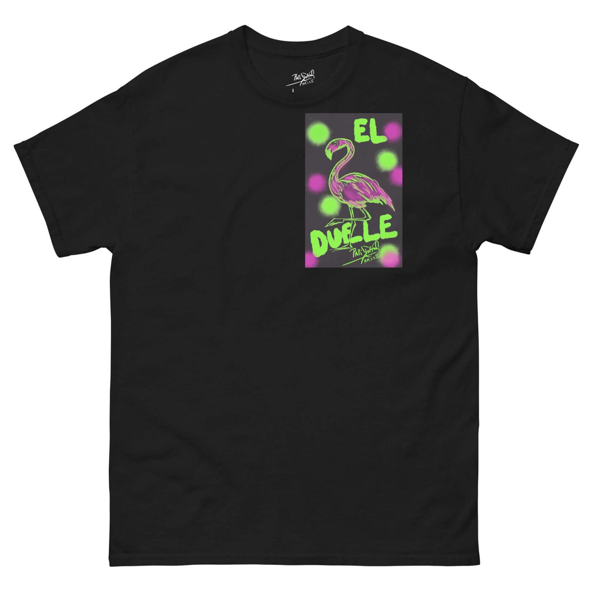PapiJohn® 🏛️ Sala 9 | El Flamenco Duele | Neon Art Piece — Front view of the Black Canvas Tee. Featuring high-fidelity electric neon graffiti hieroglyph artwork in vibrant contrast on heavy black cotton canvas by $arah Free 💎. High-end conscious luxury streetwear de autor curated in Cadifornia.
