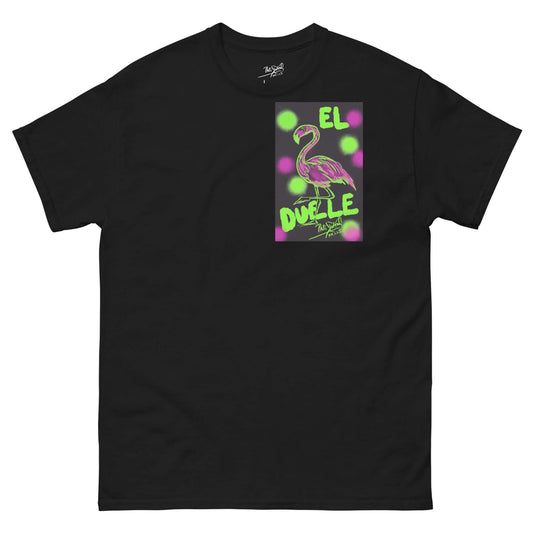 PapiJohn® 🏛️ Sala 9 | El Flamenco Duele | Neon Art Piece — Front view of the Black Canvas Tee. Featuring high-fidelity electric neon graffiti hieroglyph artwork in vibrant contrast on heavy black cotton canvas by $arah Free 💎. High-end conscious luxury streetwear de autor curated in Cadifornia.