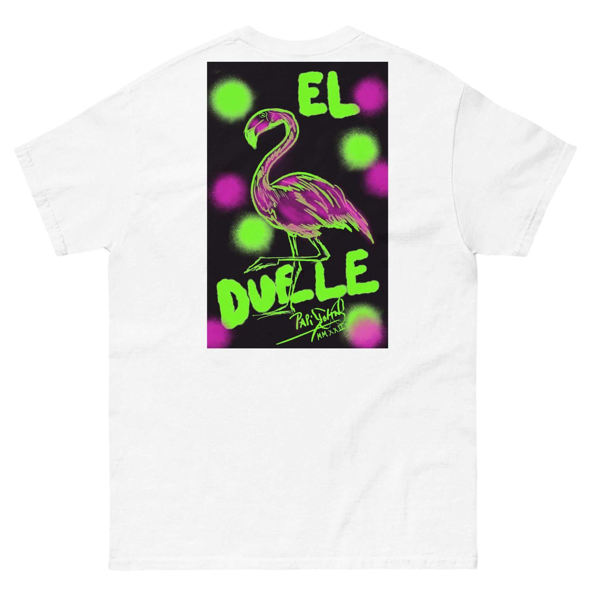 PapiJohn® 🏛️ Sala 9 | El Flamenco Duele | Neon Art Piece — Back view showing the high-density cotton t-shirt silhouette and clean architectural drape of the White Canvas Tee by $arah Free 💎. Gallery archive piece, honest luxury apparel, and wearable art curated in Cadifornia.