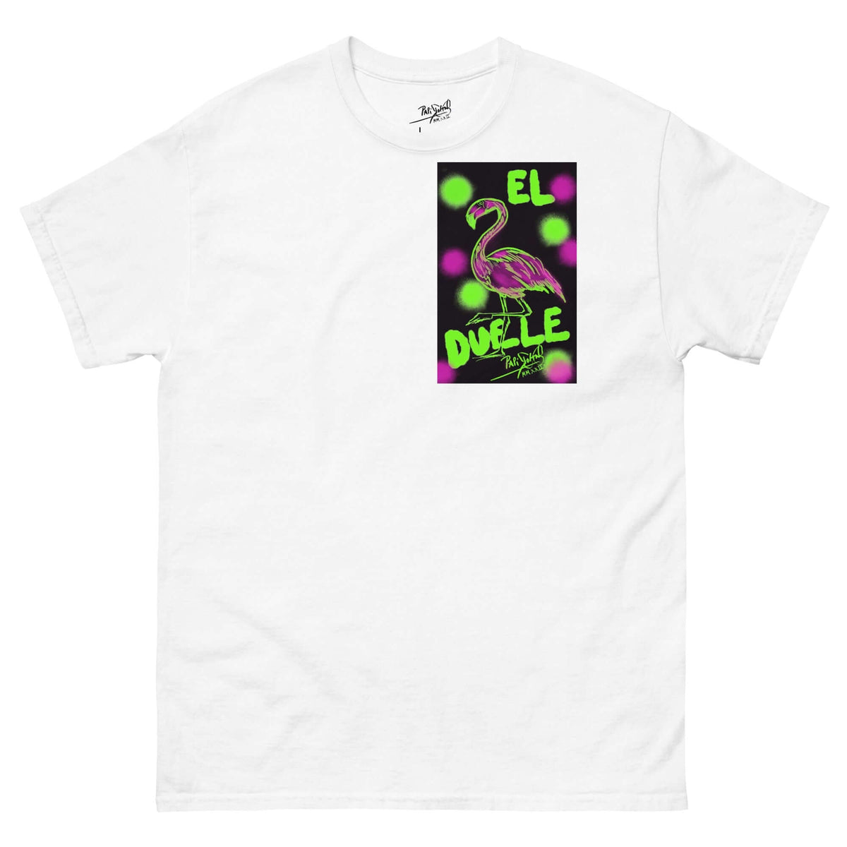 PapiJohn® 🏛️ Sala 9 | El Flamenco Duele | Neon Art Piece — Front view of the White Canvas Tee. Featuring high-fidelity electric neon graffiti hieroglyph artwork on heavy white cotton canvas by $arah Free 💎. High-end conscious luxury streetwear de autor curated in Cadifornia.