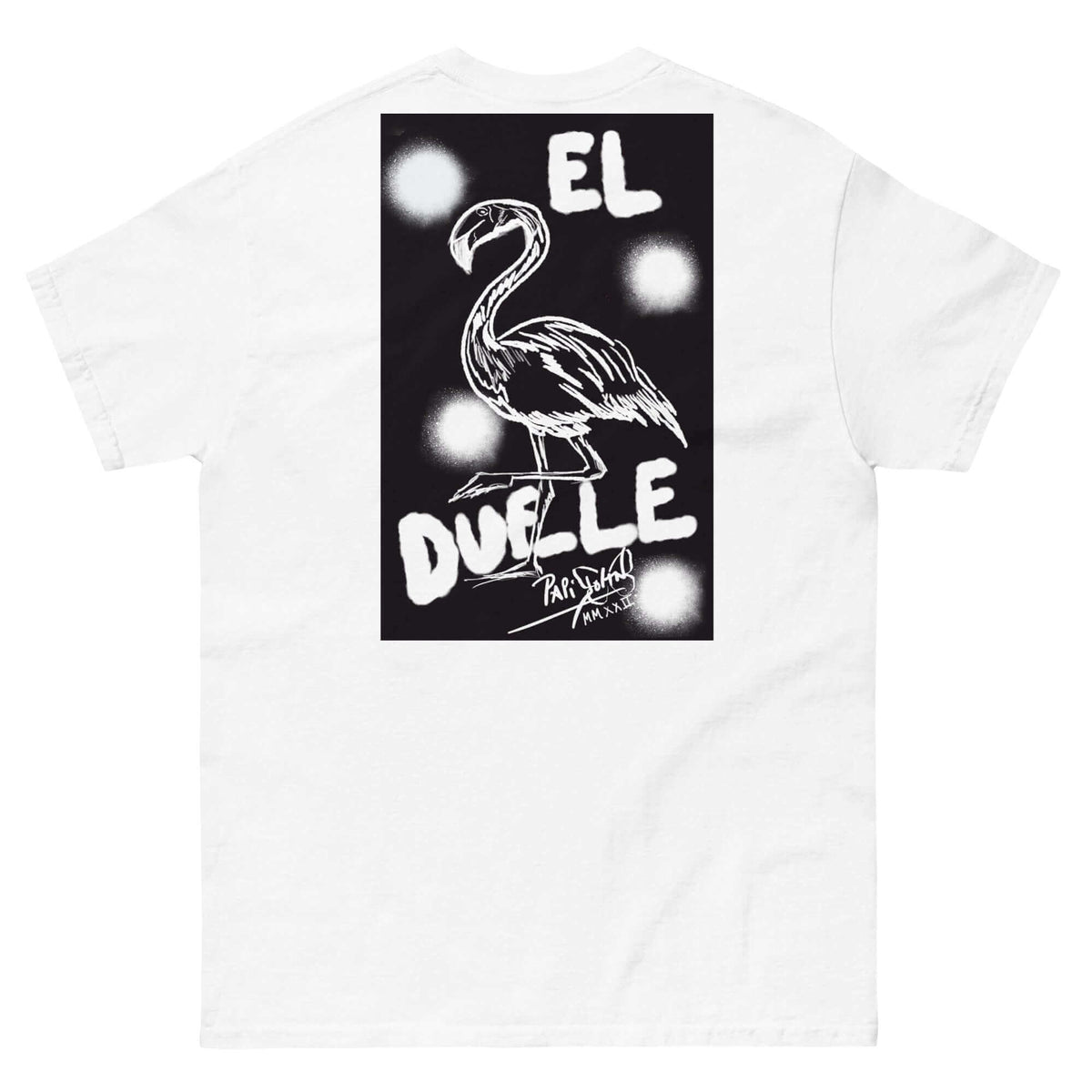 PapiJohn® 🏛️ Sala 9 | El Flamenco Duele | Noir Frame Piece — Back view showing the high-density cotton t-shirt silhouette and clean architectural drape of the White Canvas Tee by $arah Free 💎. Gallery archive piece, honest luxury apparel, and wearable art curated in Cadifornia.