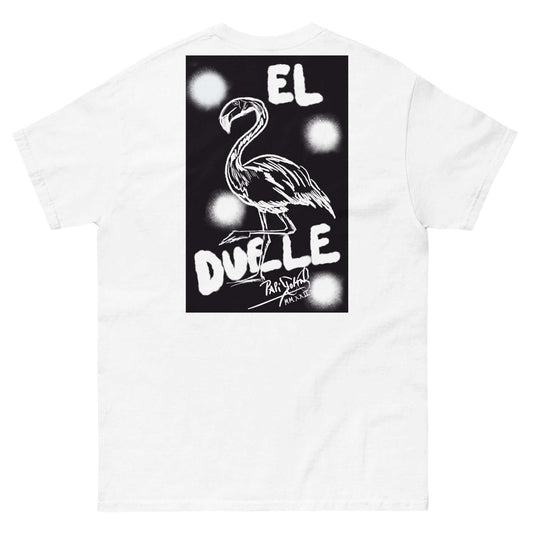 PapiJohn® 🏛️ Sala 9 | El Flamenco Duele | Noir Frame Piece — Back view showing the high-density cotton t-shirt silhouette and clean architectural drape of the White Canvas Tee by $arah Free 💎. Gallery archive piece, honest luxury apparel, and wearable art curated in Cadifornia.