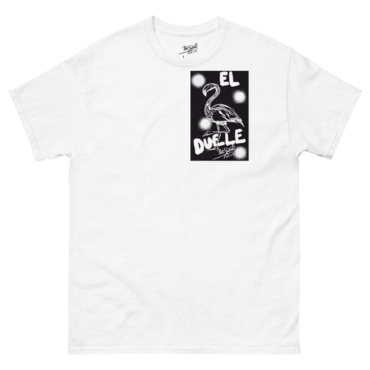 PapiJohn® 🏛️ Sala 9 | El Flamenco Duele | Noir Frame Piece — Front view of the White Canvas Tee. Featuring raw white graffiti statement artwork encased in a solid black frame on heavy white cotton canvas by $arah Free 💎. High-end conscious luxury streetwear de autor curated in Cadifornia.