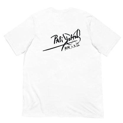 PapiJohn® 🏛️ SALA 9 | EL FLAMENCO DUELE | WHITE LIGHT CANVAS — Back view showing the clean white cotton t-shirt silhouette and signature PapiJohn® icon placement on the back by $arah Free 💎. Gallery archive piece, honest luxury apparel, and wearable art curated in Cadifornia.