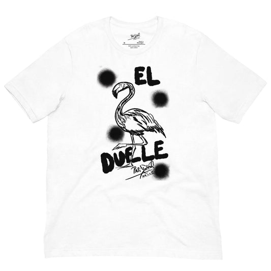 PapiJohn® 🏛️ SALA 9 | EL FLAMENCO DUELE | WHITE LIGHT CANVAS — Front view of the White Canvas Tee. Featuring the raw statement typography 'El Flamenco Duele' artwork on premium white cotton canvas by $arah Free 💎. High-end conscious luxury streetwear de autor curated in Cadifornia.