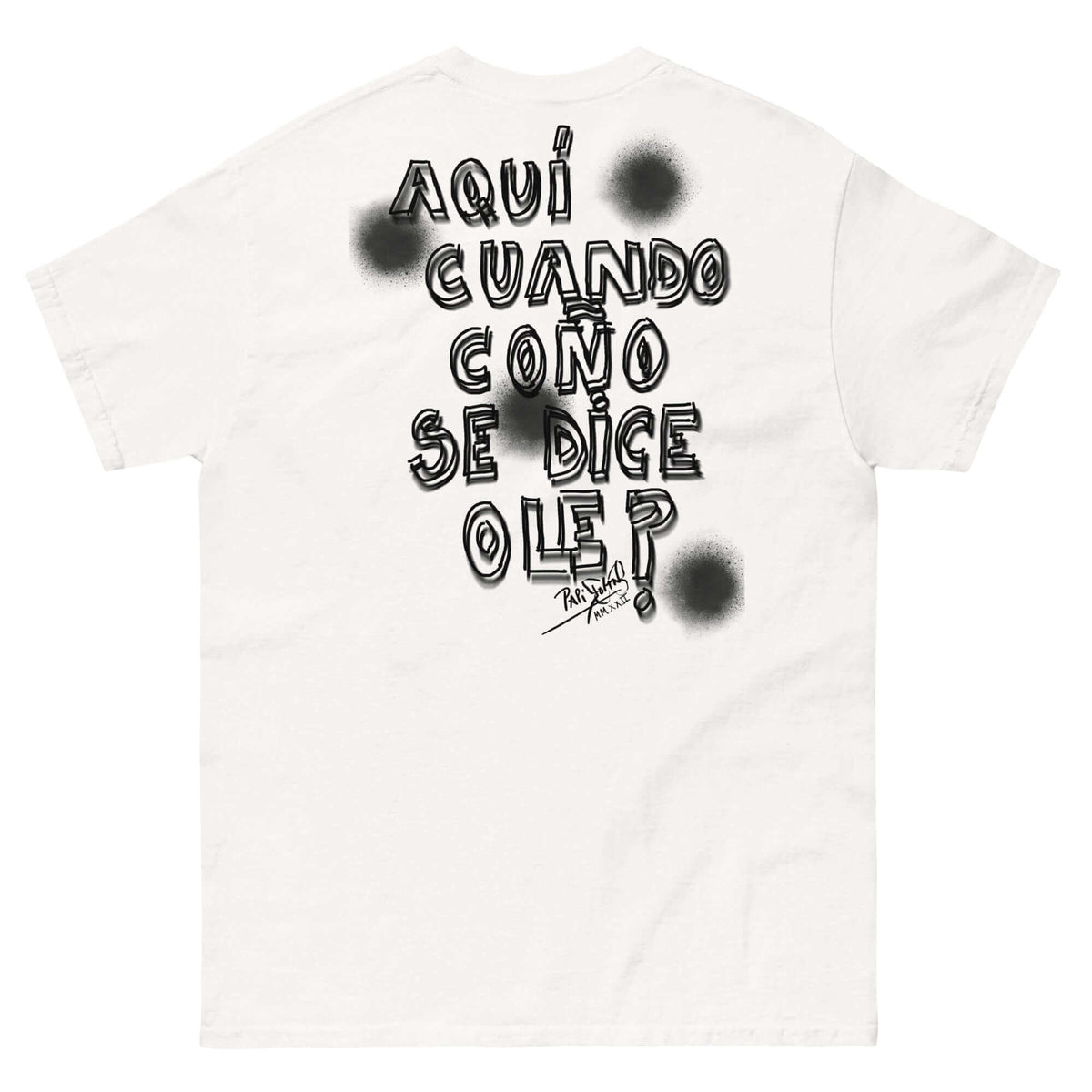 Back view showing the structured canvas t-shirt silhouette and clean architectural drape of the SALA 9 | El Ole a Tiempo | Manuel Tribute Piece by PapiJohn®. Gallery archive piece, honest luxury apparel, and conceptual wearable art curated in Cadifornia by $arah Free 💎.