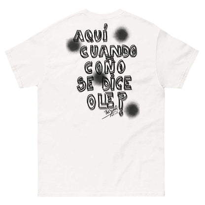 Back view showing the structured canvas t-shirt silhouette and clean architectural drape of the SALA 9 | El Ole a Tiempo | Manuel Tribute Piece by PapiJohn®. Gallery archive piece, honest luxury apparel, and conceptual wearable art curated in Cadifornia by $arah Free 💎.