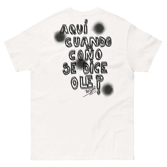 Back view showing the structured canvas t-shirt silhouette and clean architectural drape of the SALA 9 | El Ole a Tiempo | Manuel Tribute Piece by PapiJohn®. Gallery archive piece, honest luxury apparel, and conceptual wearable art curated in Cadifornia by $arah Free 💎.
