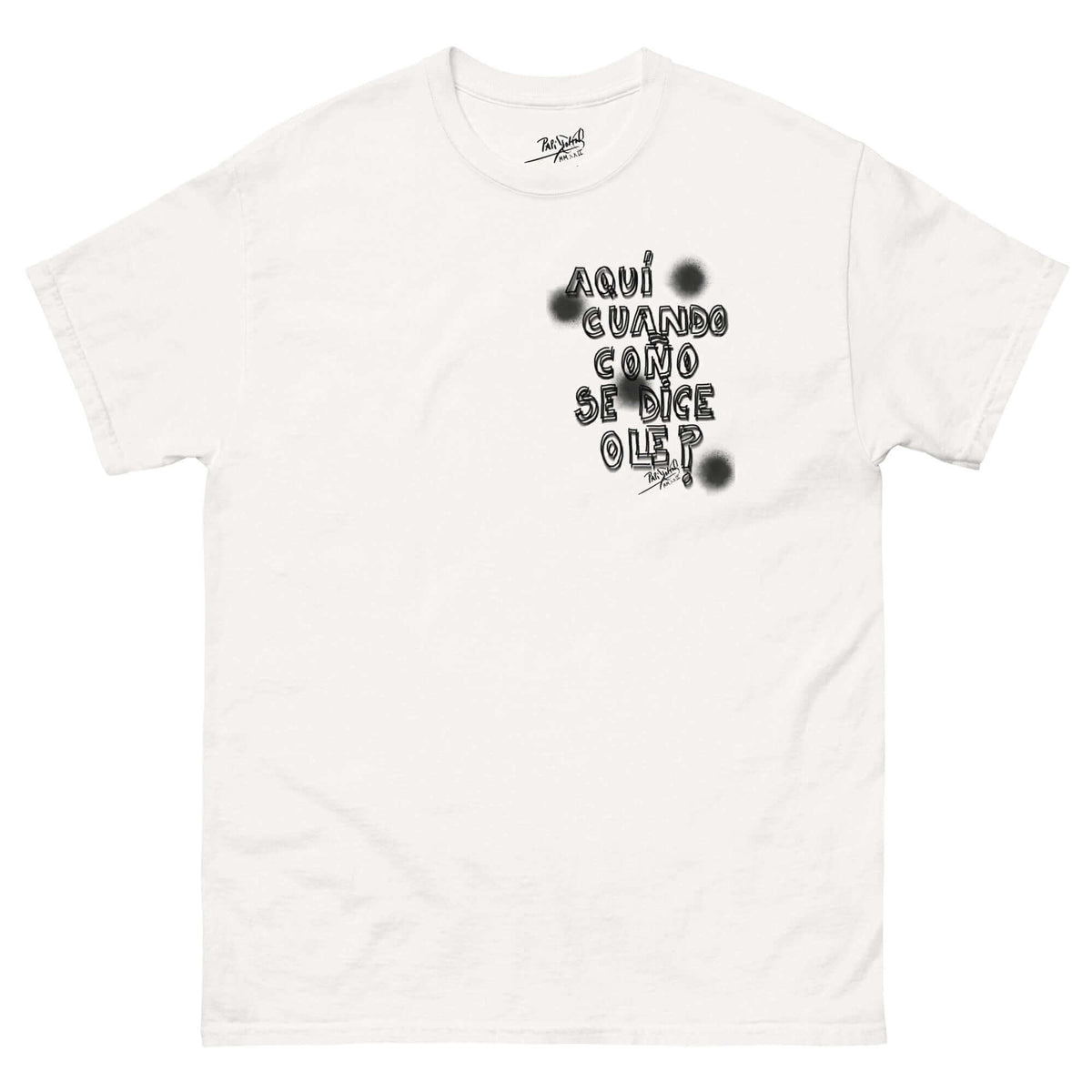 Front view of the SALA 9 | El Ole a Tiempo | Manuel Tribute Piece "The Art of Timing" Canvas Tee by PapiJohn®. Featuring urban raised typography artwork honoring Manuel Molina by $arah Free 💎. High-end intellectual streetwear de autor curated in Cadifornia.