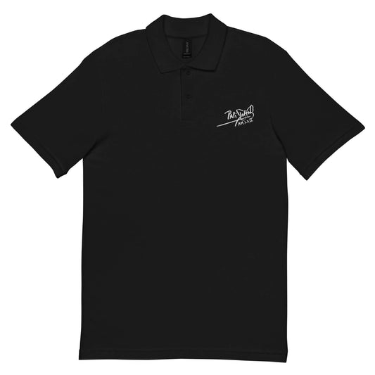 PapiJohn® 🏛️ Sala 9 | Piqué Classic | Signature Polo — Front view of the Black Cotton Piqué Polo. Featuring the white thread embroidered PapiJohn® classic signature logo on the chest over premium ring-spun black cotton piqué by $arah Free 💎. High-end conscious luxury streetwear de autor curated in Cadifornia.