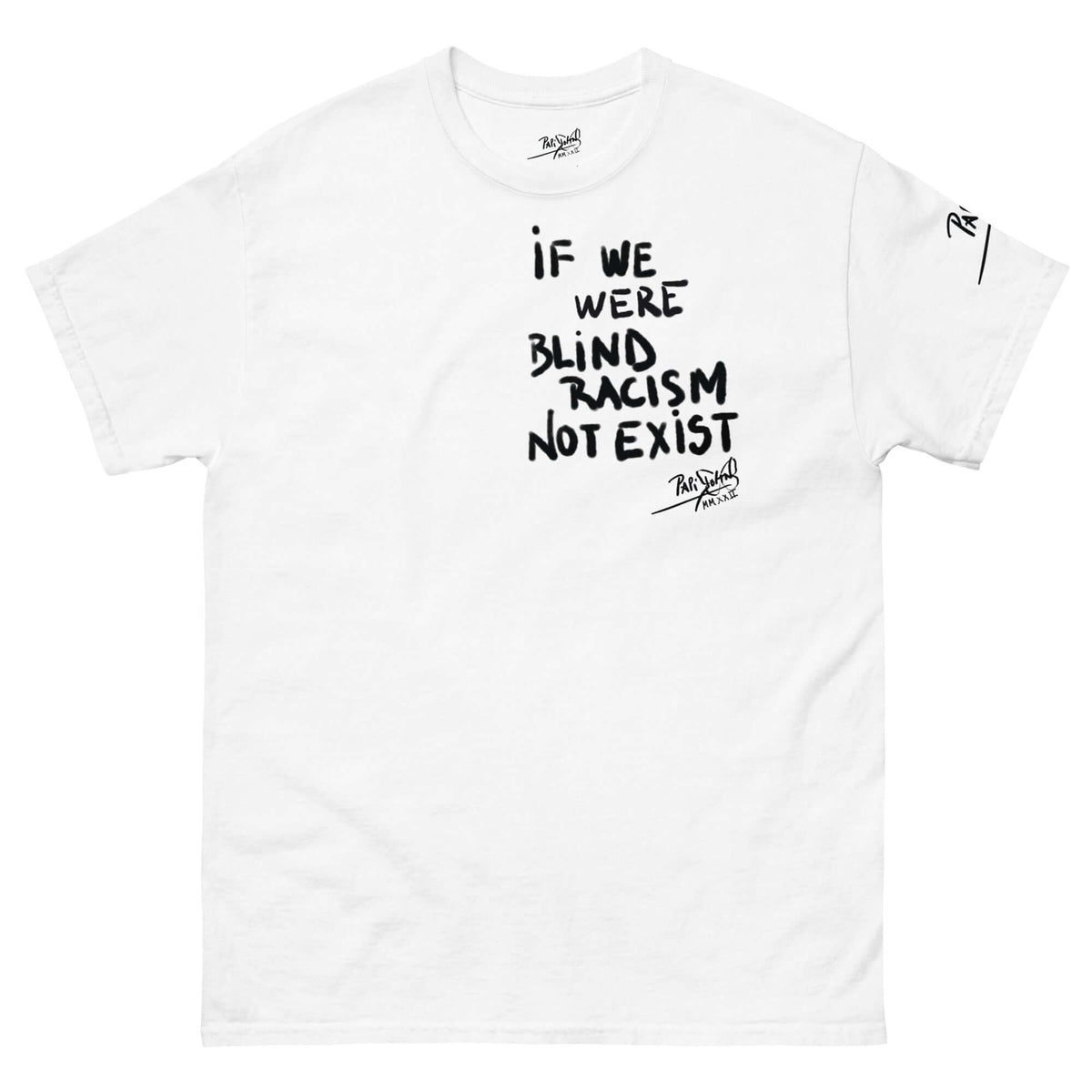 Front view of the SALA 9 | Sentencias | Beyond Sight: The Human Truth  Canvas Piece by PapiJohn®. Featuring a minimalist fat cap graffiti text graphic on the left chest by $arah Free 💎. High-end conscious luxury streetwear de autor curated in Cadifornia.