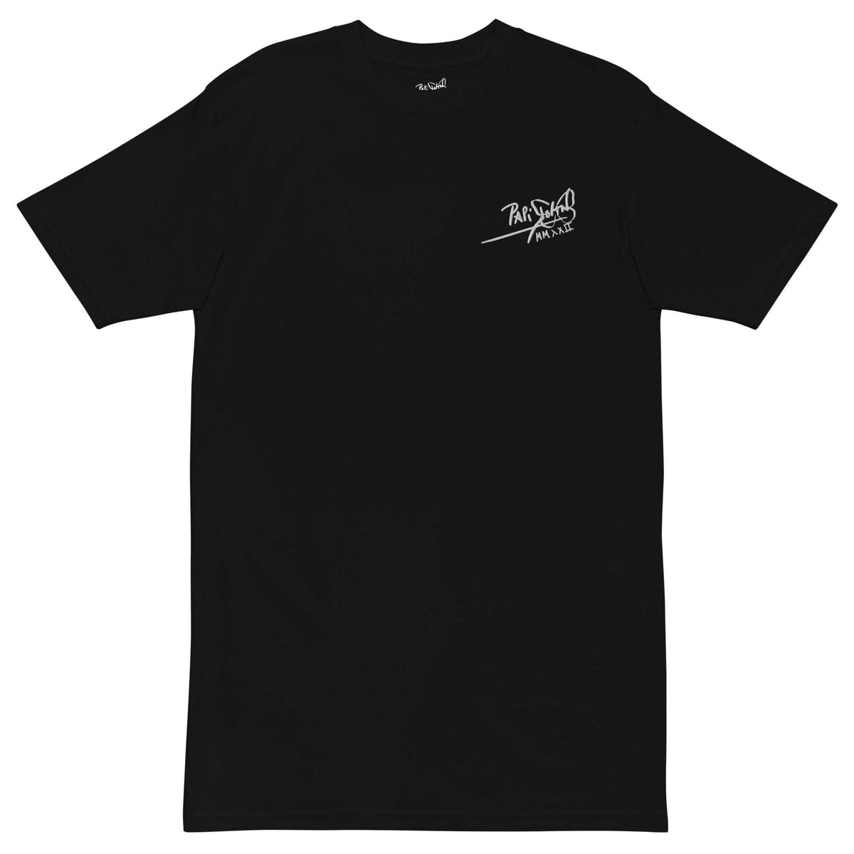 Front view of the SALA 9 | Signature Essential | Noir Embroidery Piece Canvas Tee in black by PapiJohn®. Featuring high-density white thread classic signature embroidery on heavy deep black canvas by $arah Free 💎. High-end luxury streetwear de autor curated in Cadifornia.