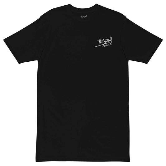 Front view of the SALA 9 | Signature Essential | Noir Embroidery Piece Canvas Tee in black by PapiJohn®. Featuring high-density white thread classic signature embroidery on heavy deep black canvas by $arah Free 💎. High-end luxury streetwear de autor curated in Cadifornia.