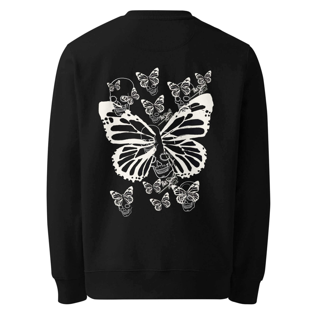 Back view showing the full raw white graffiti skull-butterfly artwork and heavy eco-friendly black canvas structure of the SALA 9 | Skull Butterfly Graff by PapiJohn®. Gallery archive piece, conscious luxury eco apparel, and wearable art curated in Cadifornia by $arah Free 💎.