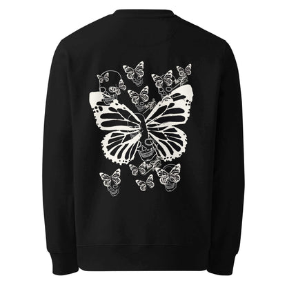 Back view showing the full raw white graffiti skull-butterfly artwork and heavy eco-friendly black canvas structure of the SALA 9 | Skull Butterfly Graff by PapiJohn®. Gallery archive piece, conscious luxury eco apparel, and wearable art curated in Cadifornia by $arah Free 💎.