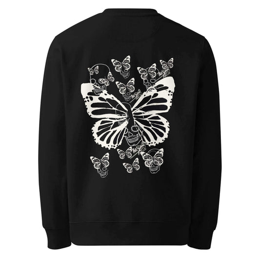 Back view showing the full raw white graffiti skull-butterfly artwork and heavy eco-friendly black canvas structure of the SALA 9 | Skull Butterfly Graff by PapiJohn®. Gallery archive piece, conscious luxury eco apparel, and wearable art curated in Cadifornia by $arah Free 💎.